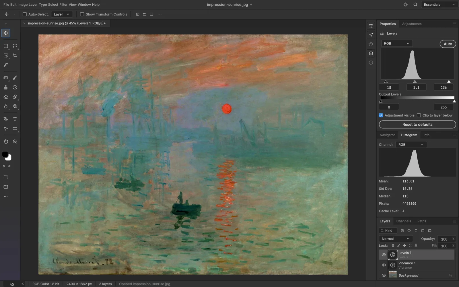 Levels and Vibrance adjustment layers beside a live histogram