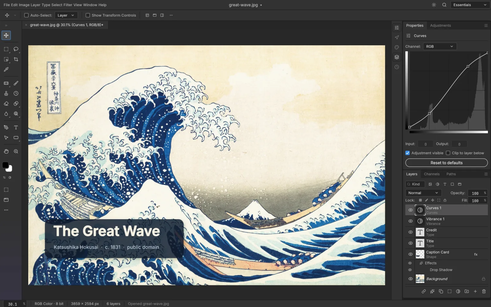 PSCraft editor showing a layered document with a Curves adjustment and the Layers panel