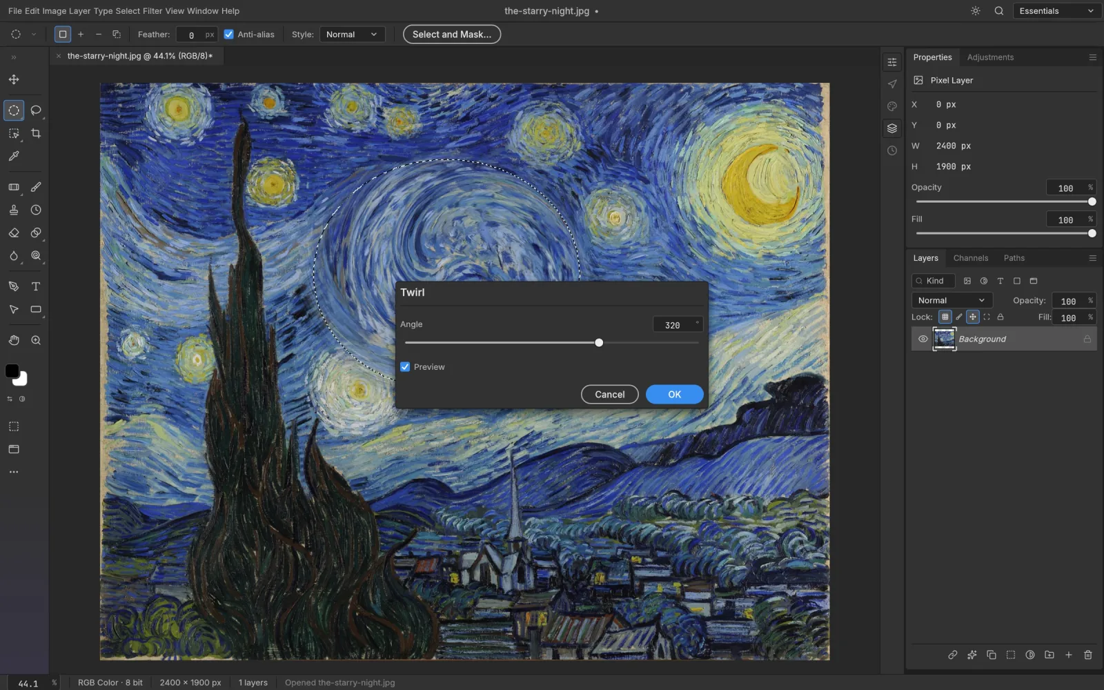 The Twirl filter previewing inside a selection