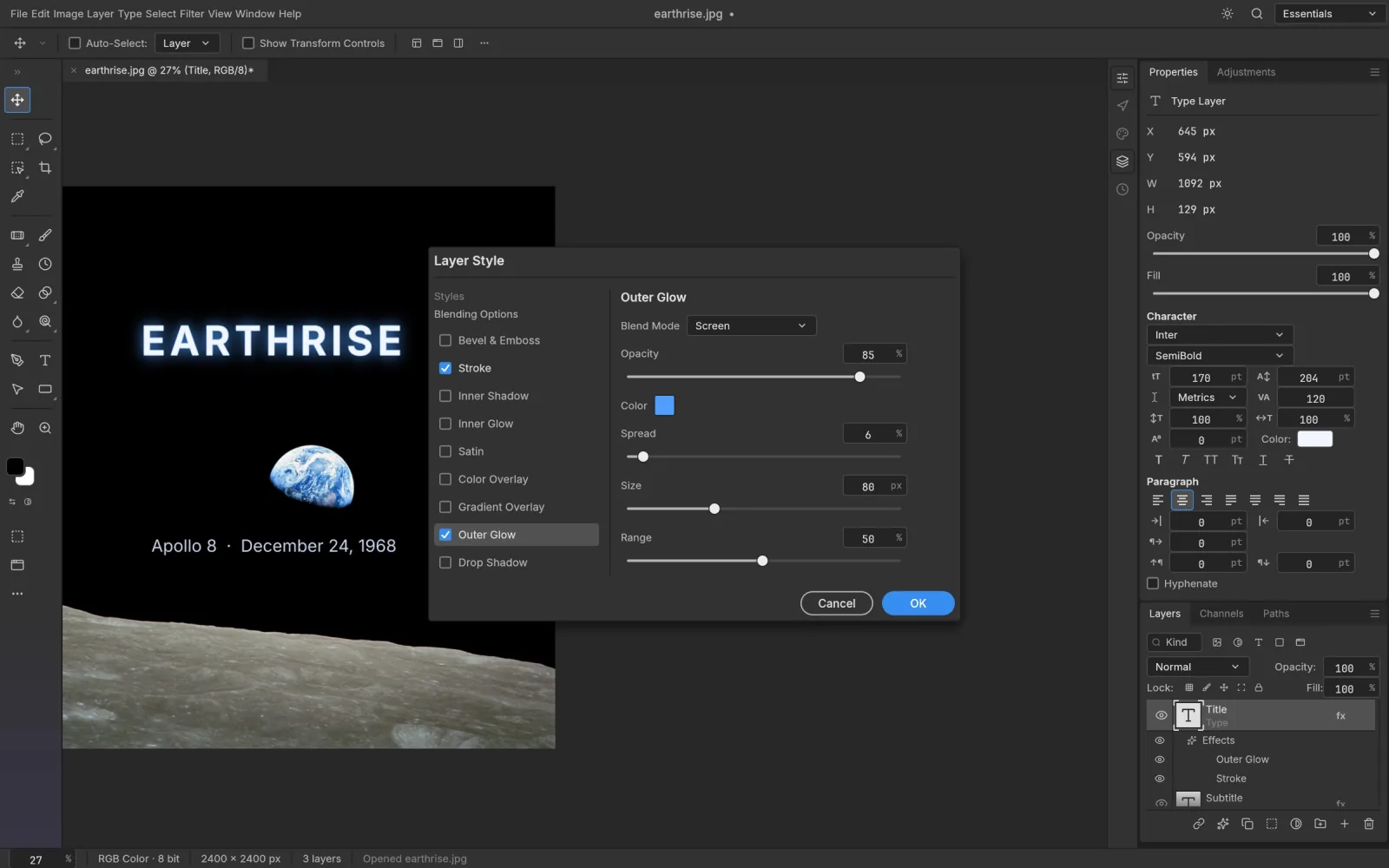 Layer Style dialog with Outer Glow and Stroke applied to a type layer