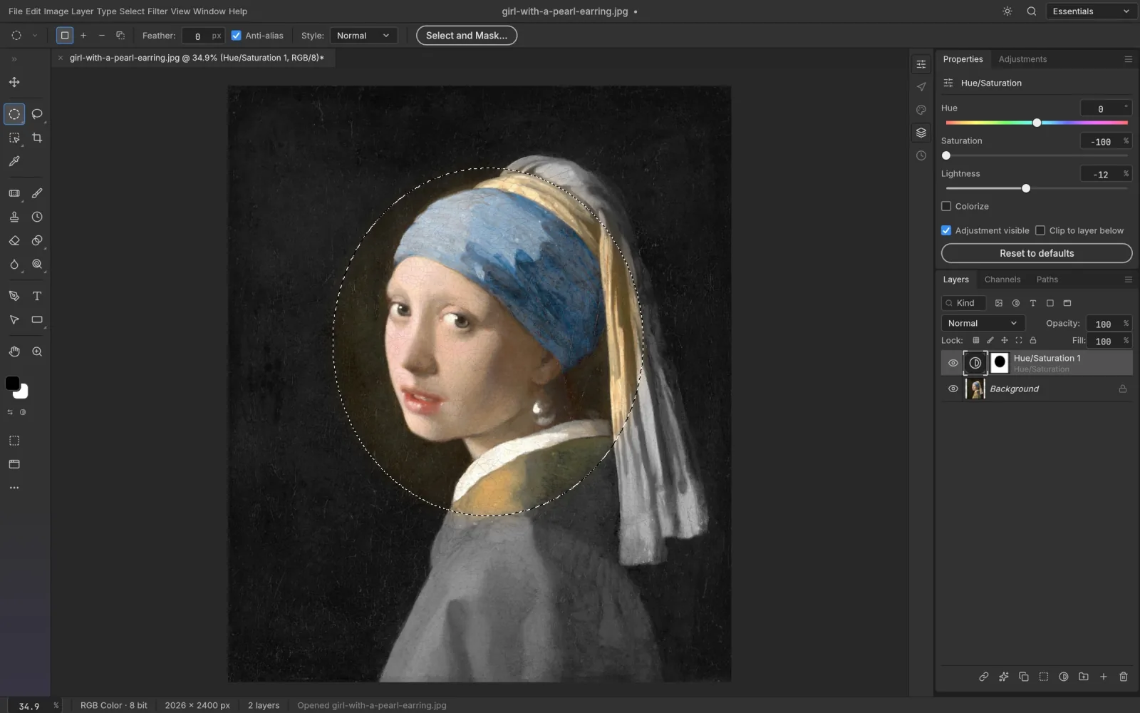 An elliptical selection turned into the mask of an adjustment layer